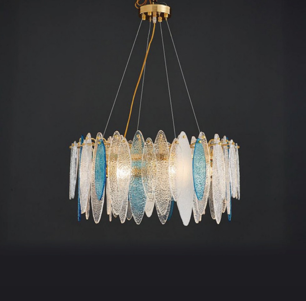 Lustre de cristal redondo com detalhes em azul e dourado, modelo Havai, para sala de jantar Lustres Gênesis loja online de Lustres e Iluminação Decorativa
